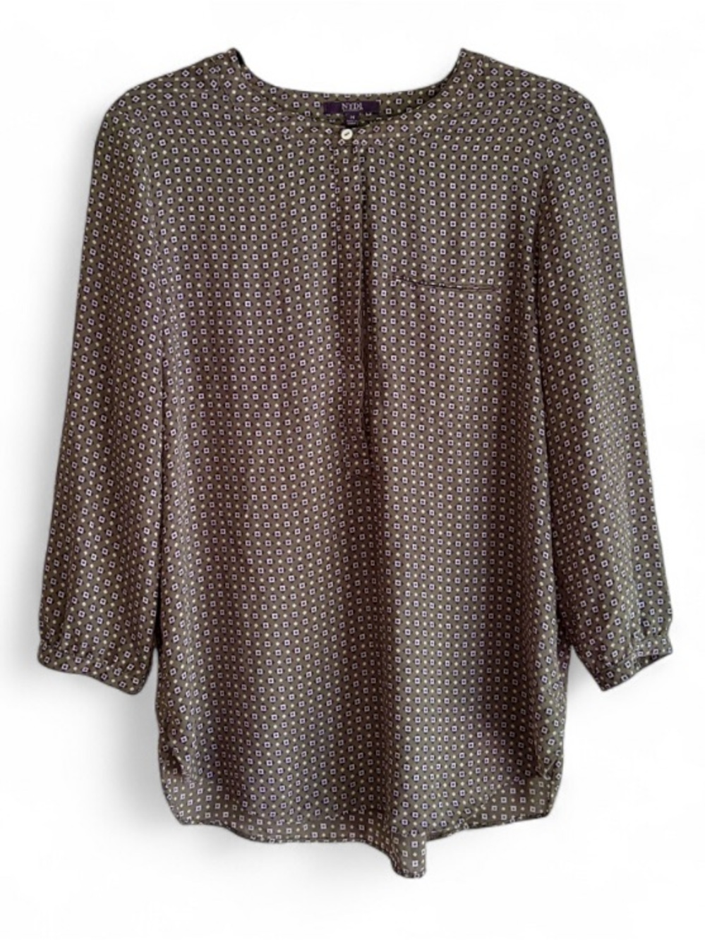 NYDJ Olive Green Print 3/4 Sleeve Chiffon Blouse Size M - Picture 1 of 7